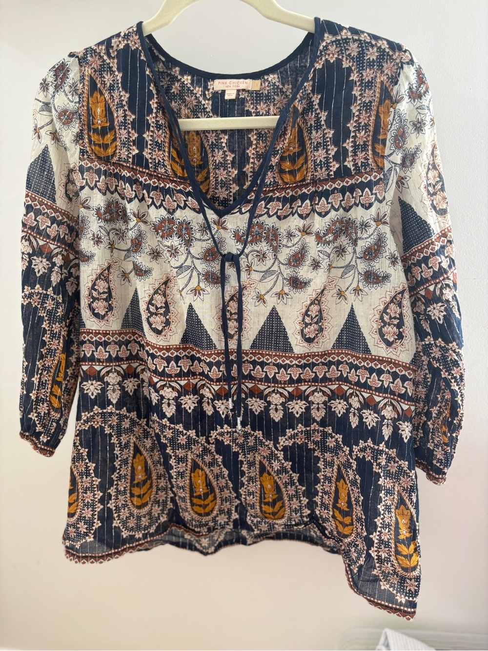 Pink Chicken Navy Paisley Peasant Blouse with Dark Yellow Accents